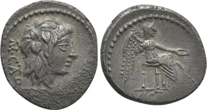M. CATO. Quinarius (89 BC). Rome. 

Obv: M CATO. 
Head of Liber right, wearin...