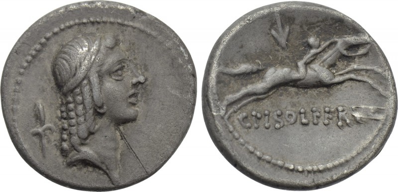 C. PISO L. F. FRUGI. Denarius (61 BC). Rome. 

Obv: Diademed head of Apollo ri...