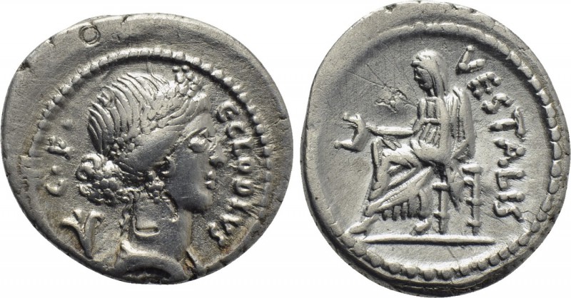 C. CLODIUS C.F. VESTALIS (43 BC). Denarius. Rome. 

Obv: C CLODIVS / C F. 
Bu...