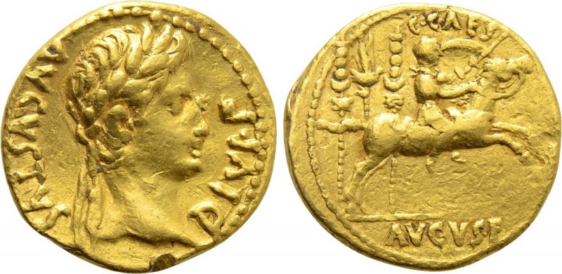 AUGUSTUS (27 BC-14 AD). GOLD Aureus. Lugdunum.

Obv: AVGVSTVS DIVI F.
Laureat...