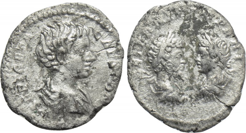 GETA with SEPTIMIUS SEVERUS and CARACALLA (Caesar, 198-209). Denarius. Rome. 
...