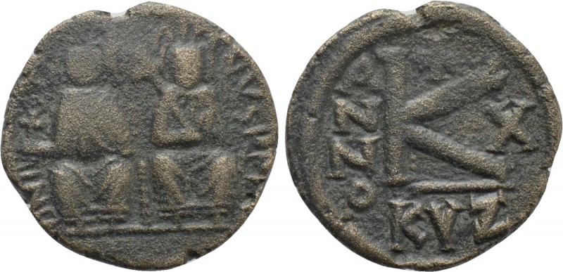 JUSTIN II with SOPHIA (565-578). Half Follis. Uncertain military mint. Dated RY ...