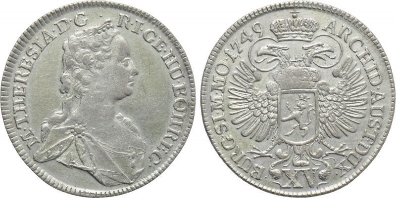 HOLY ROMAN EMPIRE. Maria Theresia (1740-1780). 15 Kreuzer (1749). Prague. 

Ob...