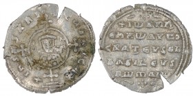 Byzantine. Constantinople. John I. 969-976. AR Miliaresion (22mm, 3.06g). +IhSΥS XRISΤΥS nICA*, cross crosslet on globe above two steps; at center, ci...