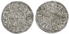 England. Aethelred II. 978-1016. AR Penny (20mm, 1.51g, 3h). Crux type (BMC iiia, Hild. C). London mint; moneyer Deorsige. Struck circa 991-997. + ÆÐE...