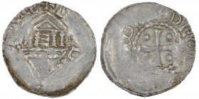 France. Diocese of Metz. Theodoric II. 1004-1046. AR Denar (22mm, 1.46g). Cross with pellet in each angle / Temple on columns, E inside. Dbg. 19-20 va...