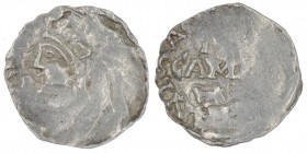 Germany. Aachen. Otto III 983-1002. AR Denar (19mm, 1.38g). Aachen mint. Diademed bust left / [_]NI V[_]?, across SCAM[A] above uncertain letter, unde...