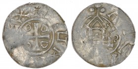 Germany. Duchy of Saxony. Otto III 983-1002. AR Denar (18mm, 1.25g). Goslar mint +[DI]GRA[+RE]X, short cross, in angels O D D O / +ATEA[HLHT], church ...
