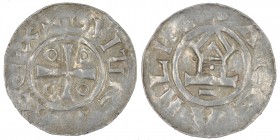 Germany. Duchy of Saxony. Otto III 983-1002. AR Denar (18.5mm, 1.45g). Goslar mint +DIIGRA+REX, short cross, in angels O D D O / +ATEAHLHT, church fac...