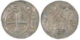 Germany. Duchy of Saxony. Otto III 983-1002. AR Denar (17mm, 1.36g). Goslar mint +DII[GRA+R]EX, short cross, in angels O D D O / +AT[EAHL]HT, church f...