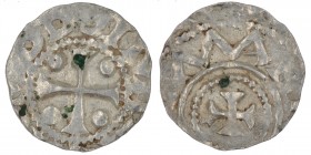 Germany. Duchy of Saxony. Otto III 983-1002. AR Denar (16mm, 1.26g). Dortmund mint. ODDO IM[PERATOR], cross with pellets in each angle/ [THEROTA]MAN[I...