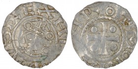 Germany. Duchy of Saxony. Heinrich II 1002-1024. AR Denar (16mm, 1.36g). Dortmund mint. H[__]VS REX, crowned head left / [T] HRO TMONI A, cross with p...