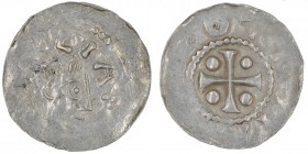 Germany. Duchy of Franconia. Otto III 983-1002. AR Denar (19mm, 1.13g). Würzburg mint. [S • ]KILIAN[V], bust of St. Kilian right / [+] OTTO I[M PE], c...
