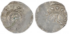 Germany. Duchy of Swabia. Otto III 983-1002. AR Denar (17mm, 1.22g). Strasbourg mint. +OTTO X[_], cross / +A[RGE.+.NTIN]A, building. Dbg. 910 var.; E&...