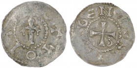 Germany. Duchy of Swabia. Otto III 983-1102. AR Denar (18mm, 1.27g). Strasbourg mint. [+]OTTO I[MP], lilly / [AR]GEN[T]INA, cross with crosier in one ...