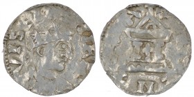 Germany. Duchy of Swabia. Heinrich II 1002-1024. AR Denar (19mm, 1.49g). Strasbourg mint. [HIE]NRICVIS[REX], crowned head right / [ARGE]NT[IN]A, churc...