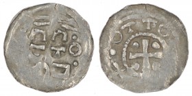 Germany. Duchy of Swabia. Esslingen Otto I - Otto III 936 - 1002. AR Denar (17mm, 0.85g) +•OTTO •[ SI••E], cross with pellet in each angle / OTTO, cro...