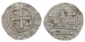 Germany. Duchy of Bavaria. Heinrich II 985-995. AR Denar (16mm, 0.98g). Imitation of Regensburg; moneyer ⵎcco. Cross with one pellet in two angles and...