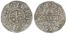 Germany. Duchy of Bavaria. Heinrich IV 995-1002. AR Denar (18mm, 0.99g). Regensburg mint; moneyer Wic. +CSVIDCNCH(retrograde), cross with one pellet i...