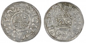 Germany. Duchy of Bavaria. Heinrich IV (II) 1002-1009. AR Denar (19mm, 1.13g). Regensburg mint; moneyer လC. +HCNTqCFIVSX, cross with three pellets in ...