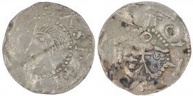 The Netherlands. Deventer. Heinrich II 1002-1014. AR Denar (18mm, 1.12g). Deventer mint. +I[__]DASR, head left / [__]CIT[__], small cross in center, a...