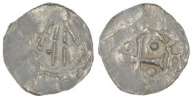 The Netherlands. Hamaland. Adela 967-1016 (Imitation?). AR Denar (19mm, 1.22g). Stylized hand of God / Cross, pellets in each angle. Dbg. 1556 var; Il...