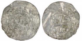 The Netherlands. Area around Tiel. Ca 1050s. AR Denar (17.5mm, 0.63g). Uncertain mint. +HV[__], crowned bust facing, on left side scepter, crosier on ...