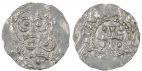 The Netherlands. Friesland. Ekbert I. 1038/9- ? AR Denar (17mm, 0.93g). Unknown mint (imitation?). Omega, on top small cross / Cross with pellets in e...
