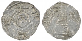 Switzerland. Diocese of Chur. Ulrich I von Lenzburg 1002-1026. AR Denar (20mm, 1.10g). Chur mint. +DE[LRI]C[VS]EP, monogram consisting of O and V / [_...
