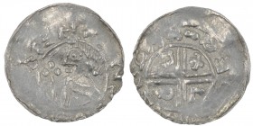 Germany. Henry I the Bald, Count of Stade 976-1016. AR Denar (18mm, 1.14g). Stade mint. Imitation of Aethelred II crux type (BMC iiia, Hild. C). Struc...