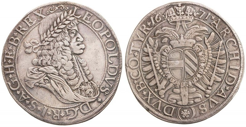 LEOPOLD I (1657 - 1705)&nbsp;
1 Thaler, 1671, 28,29g, Wien. Her 588&nbsp;

VF...