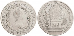 MARIA THERESA (1740 - 1780)&nbsp;
20 Kreuzer, 1763, 6,27g, KB. Her 969&nbsp;

EF | EF