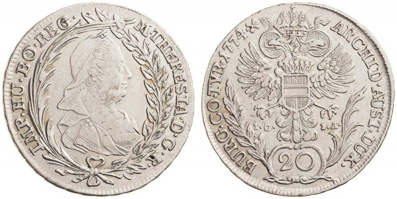 MARIA THERESA (1740 - 1780)&nbsp;
20 Kreuzer, 1774, 6,11g, I.C.F.A., Wien. Her ...