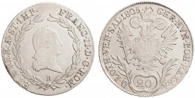 FRANCIS II / I (1972 - 1806 - 1835)&nbsp;
20 Kreuzer, 1805, 6,58g, B. Her 682&nbsp;

EF | about UNC