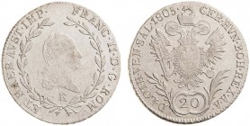 FRANCIS II / I (1972 - 1806 - 1835)&nbsp;
20 Kreuzer, 1805, 6,57g, E. Her 687&nbsp;

EF | EF
