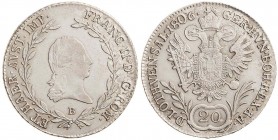 FRANCIS II / I (1972 - 1806 - 1835)&nbsp;
20 Kreuzer, 1806, 6,59g, B. Früh 271&nbsp;

about UNC | UNC