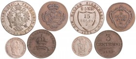 FRANCIS II / I (1972 - 1806 - 1835)&nbsp;
Lot 4 coins - 2 Soldi, 1/4 Lira, 15 Soldi, 3 Centesimi, 17,82g&nbsp;

VF | VF