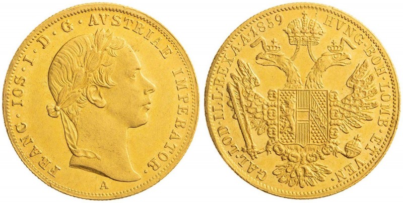 FRANZ JOSEPH I (1848 - 1916)&nbsp;
1 Ducat, 1859, 3,49g, A. Früh 1191&nbsp;

...