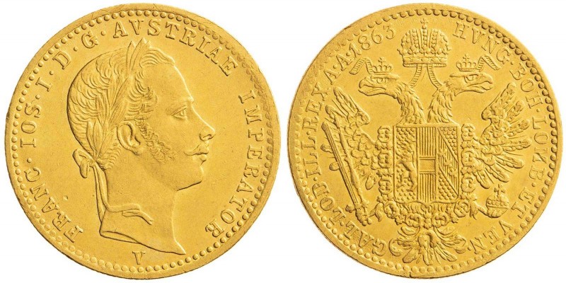 FRANZ JOSEPH I (1848 - 1916)&nbsp;
1 Ducat, 1863, 3,48g, V. Früh 1210&nbsp;

...