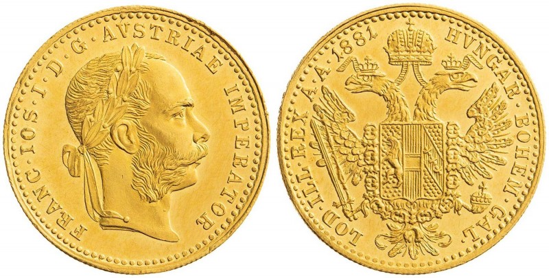 FRANZ JOSEPH I (1848 - 1916)&nbsp;
1 Ducat, 1881, 3,49g, Früh 1240&nbsp;

abo...