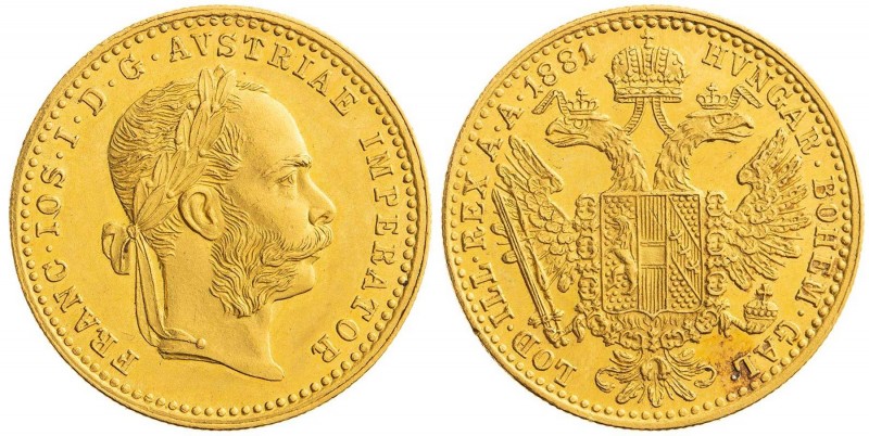 FRANZ JOSEPH I (1848 - 1916)&nbsp;
1 Ducat, 1881, 3,49g, Früh 1240&nbsp;

abo...