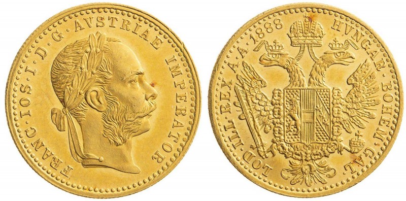 FRANZ JOSEPH I (1848 - 1916)&nbsp;
1 Ducat, 1888, 3,49g, Früh 1247&nbsp;

abo...