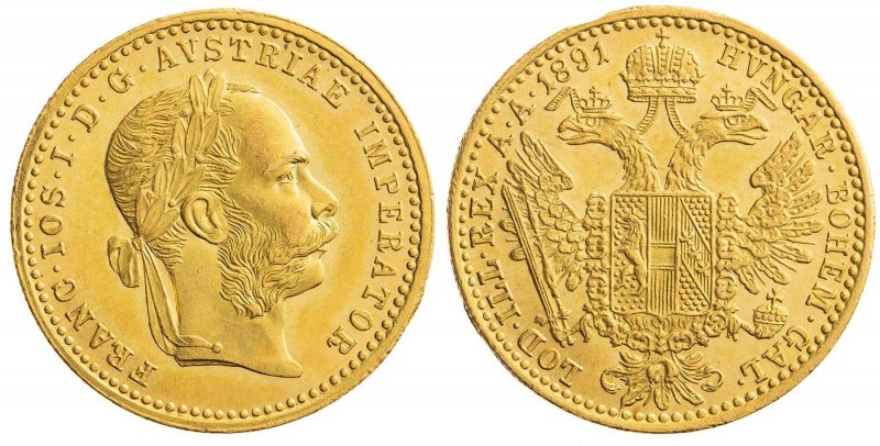 FRANZ JOSEPH I (1848 - 1916)&nbsp;
1 Ducat, 1891, 3,49g, Früh 1250&nbsp;

abo...