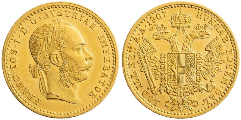 FRANZ JOSEPH I (1848 - 1916)&nbsp;
1 Ducat, 1907, 3,49g, Früh 1266&nbsp;

abo...