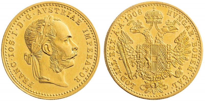 FRANZ JOSEPH I (1848 - 1916)&nbsp;
1 Ducat, 1908, 3,49g, Früh 1267&nbsp;

abo...