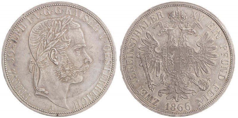 FRANZ JOSEPH I (1848 - 1916)&nbsp;
2 Thaler, 1866, 36,94g, A. Früh 1342&nbsp;
...