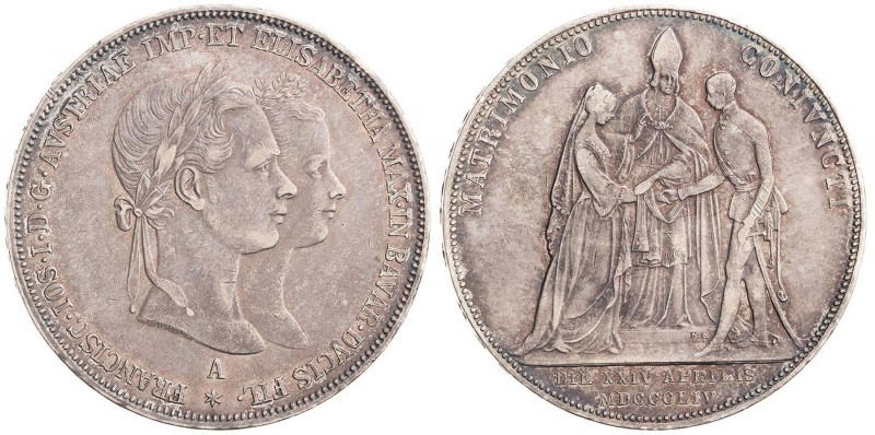 FRANZ JOSEPH I (1848 - 1916)&nbsp;
2 Gulden Engagement, 1854, 25,96g, A. Früh 1...