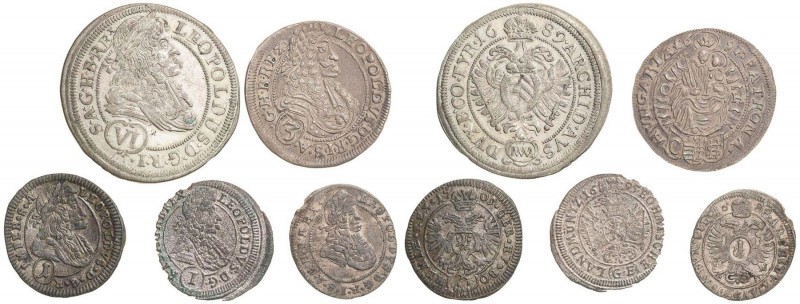 LEOPOLD I (1657 - 1705)&nbsp;
Lot 5 silver coins - 1 Kreuzer (3 pcs), 3 Kreuzer...