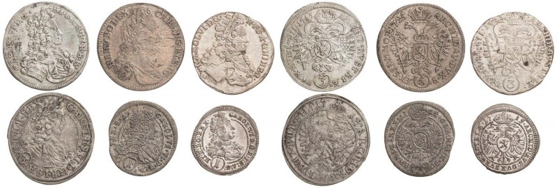 KAREL VI. (1711 - 1740)&nbsp;
Lot 6 silver coins - 1 Kreuzer (2 pcs), 3 Kreuzer...
