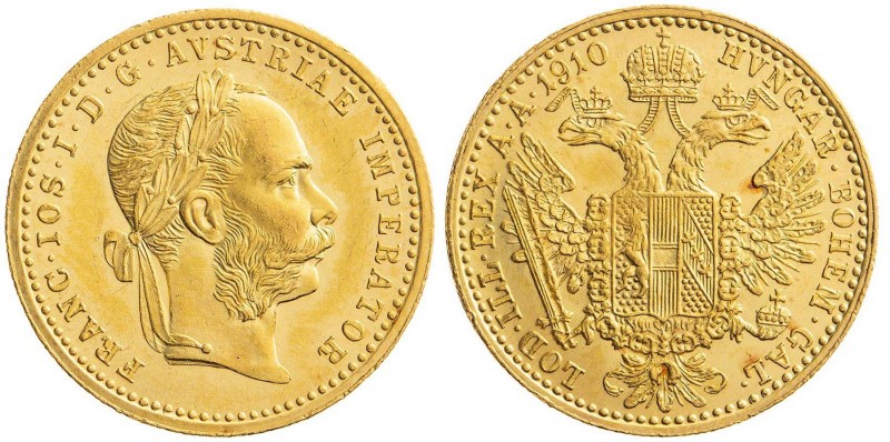 FRANZ JOSEPH I (1848 - 1916)&nbsp;
1 Ducat, 1910, 3,49g, Früh 1269&nbsp;

abo...